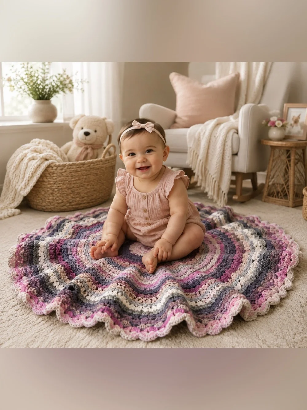 Handmade Circular Crochet Wool Ripple  Multicolor Afghan Throw Blanket # 0715269